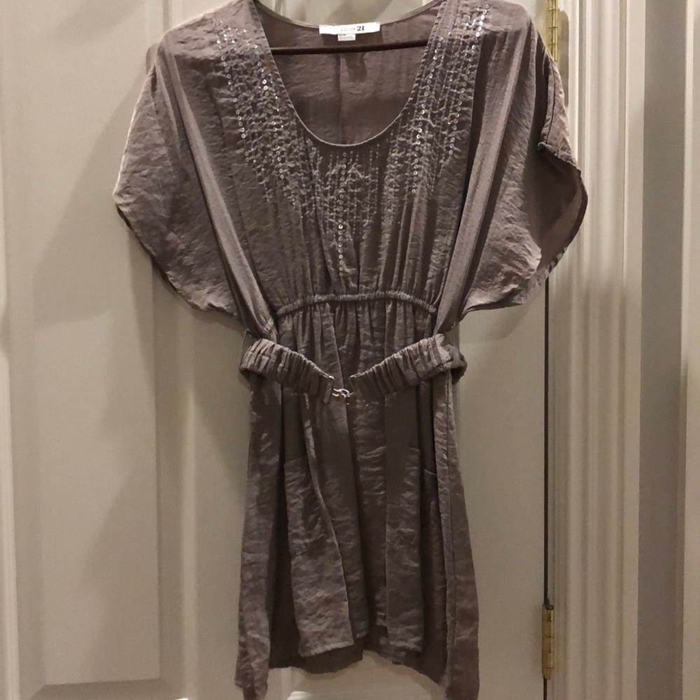 Taupe Belted Tunic with Sequin Design